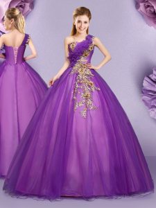 Comfortable Purple Sweet 16 Dress Military Ball and Sweet 16 and Quinceanera and For with Appliques and Ruffles One Shou