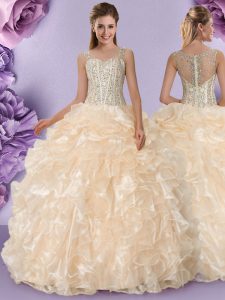 Trendy Straps Champagne Sleeveless Floor Length Beading and Ruffles Zipper Quinceanera Gowns