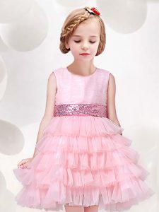 Scoop Tulle Sleeveless Mini Length Flower Girl Dresses and Ruffled Layers and Sequins and Bowknot