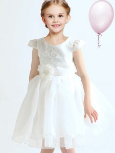Scoop Cap Sleeves Flower Girl Dress Mini Length Appliques and Bowknot and Hand Made Flower White Organza