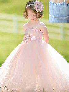 Designer Straps Baby Pink Tulle Zipper Toddler Flower Girl Dress Sleeveless Floor Length Bowknot and Hand Made Flower