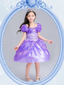 Sumptuous Square Beading and Bowknot Flower Girl Dress Lavender Side Zipper Short Sleeves Knee Length