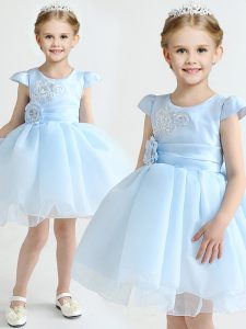 Extravagant Scoop Light Blue Zipper Flower Girl Dresses for Less Appliques and Bowknot and Hand Made Flower Cap Sleeves 