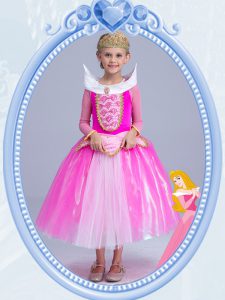 Scoop Hot Pink Ball Gowns Beading Toddler Flower Girl Dress Side Zipper Tulle Long Sleeves Tea Length