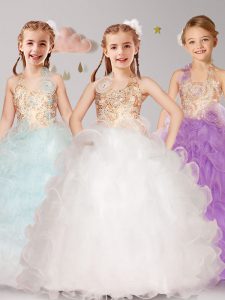 Popular Halter Top Organza Sleeveless Floor Length Flower Girl Dresses and Beading and Ruffles and Hand Made Flower