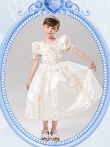 Charming Scoop White Taffeta Zipper Flower Girl Dresses for Less Short Sleeves Tea Length Beading