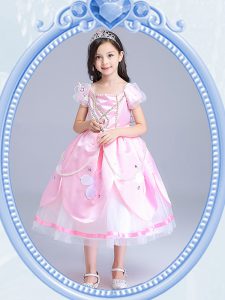 Square Short Sleeves Tea Length Zipper Flower Girl Dresses Baby Pink for Party and Quinceanera and Wedding Party with Be