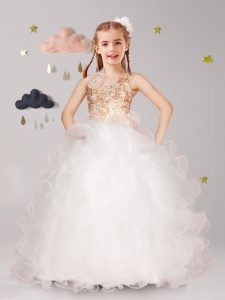 Halter Top White Lace Up Flower Girl Dress Beading and Ruffles and Hand Made Flower Sleeveless Floor Length