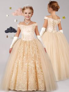 Super Off the Shoulder Cap Sleeves Floor Length Lace Up Flower Girl Dresses Champagne for Party and Quinceanera and Wedd