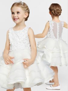 Vintage Scoop White A-line Appliques and Ruffles Flower Girl Dresses Clasp Handle Organza Sleeveless Knee Length