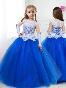 Decent Royal Blue Scoop Neckline Beading and Lace and Belt Flower Girl Dresses for Less Sleeveless Lace Up