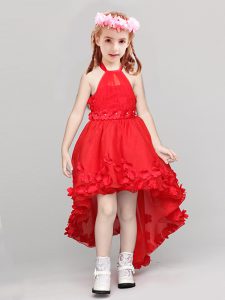 Customized Red Halter Top Neckline Appliques and Bowknot Flower Girl Dresses Sleeveless Zipper