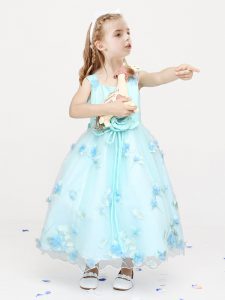 Light Blue Flower Girl Dress Party and Quinceanera and Wedding Party and For with Appliques and Bowknot and Hand Made Fl