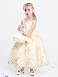 Best Selling Champagne A-line Straps Sleeveless Organza Ankle Length Zipper Appliques and Bowknot and Hand Made Flower F