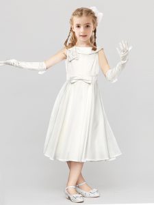 Fashion Scoop Clasp Handle Satin Sleeveless Tea Length Flower Girl Dress and Bowknot and Hand Made Flower