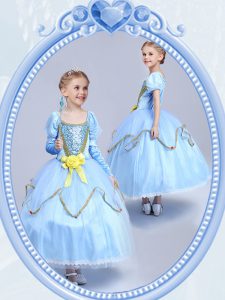 Light Blue Ball Gowns Tulle Scoop Short Sleeves Beading and Sequins and Hand Made Flower Tea Length Side Zipper Flower G