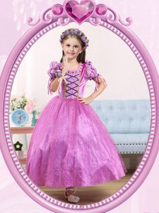 Colorful Scoop Ankle Length Lilac Flower Girl Dress Tulle Short Sleeves Beading