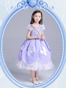 Traditional Lavender Taffeta and Tulle Zipper Square Short Sleeves Tea Length Flower Girl Dresses Beading and Appliques