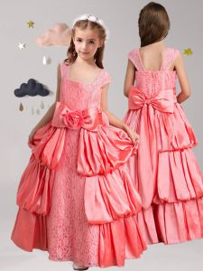 Top Selling Straps Lace Cap Sleeves Zipper Floor Length Pick Ups and Bowknot and Hand Made Flower Flower Girl Dresses fo