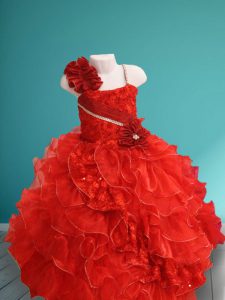 Amazing Red Asymmetric Lace Up Beading and Ruffles and Hand Made Flower Toddler Flower Girl Dress Sleeveless