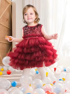Scoop Mini Length Wine Red Flower Girl Dress Tulle Sleeveless Ruffled Layers and Sequins
