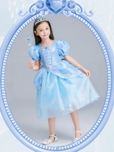 Lovely Tea Length Light Blue Flower Girl Dress Square Short Sleeves Zipper