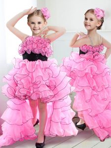 Dynamic Rose Pink Zipper Straps Beading and Ruffles and Belt Flower Girl Dresses Organza Sleeveless