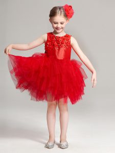Scoop Sleeveless Zipper Flower Girl Dresses Red Tulle