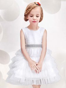 White A-line Tulle Scoop Sleeveless Ruffled Layers and Sequins and Bowknot Mini Length Zipper Flower Girl Dresses