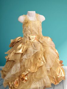 Fabulous Straps Organza Sleeveless Floor Length Toddler Flower Girl Dress and Ruffles and Sequins and Hand Made Flower