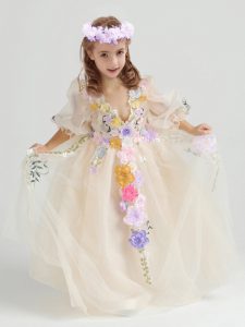 Fantastic Champagne Zipper Flower Girl Dresses for Less Appliques and Hand Made Flower Half Sleeves Ankle Length
