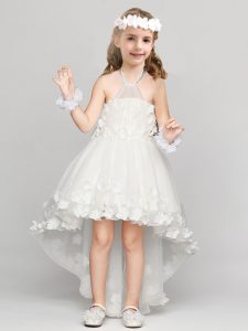Exquisite White A-line Halter Top Sleeveless Organza High Low Zipper Appliques and Bowknot Flower Girl Dress