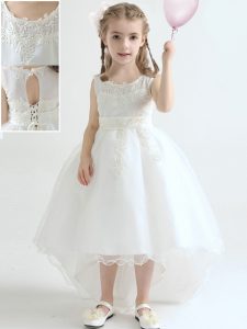 Customized Scoop Sleeveless Organza High Low Lace Up Flower Girl Dresses for Less in White with Appliques