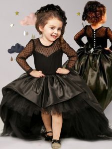Adorable Scoop Bowknot Flower Girl Dresses for Less Black Clasp Handle Long Sleeves With Brush Train