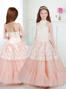 Classical Halter Top Sleeveless Beading and Lace Zipper Flower Girl Dress