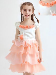 Peach A-line Organza Scoop Cap Sleeves Ruffled Layers and Hand Made Flower Knee Length Zipper Flower Girl Dresses for Le
