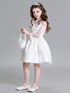 Stunning White Flower Girl Dresses Party and Quinceanera and Wedding Party and For with Lace High-neck Long Sleeves Zipp