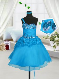 Organza Sweetheart Sleeveless Lace Up Beading and Hand Made Flower Flower Girl Dresses for Less in Baby Blue