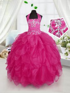 Fuchsia Lace Up Halter Top Appliques and Ruffles Pageant Dresses Organza Sleeveless