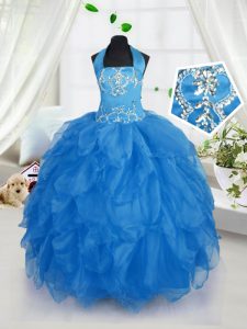Glorious Halter Top Floor Length Ball Gowns Sleeveless Baby Blue Pageant Dress for Womens Lace Up