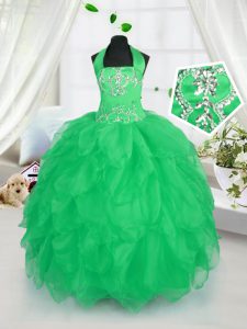 Simple Halter Top Apple Green Ball Gowns Appliques and Ruffles Little Girls Pageant Gowns Lace Up Organza Sleeveless Flo