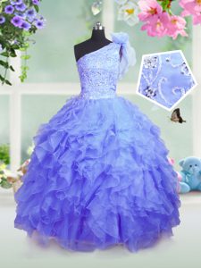 Sweet One Shoulder Sleeveless Organza Floor Length Lace Up Kids Formal Wear in Blue with Beading and Ruffles