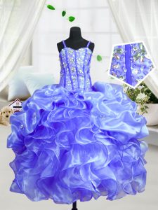 Fancy Spaghetti Straps Sleeveless Little Girl Pageant Gowns Floor Length Beading and Ruffles Baby Blue Organza