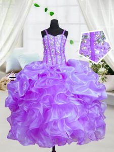 Floor Length Eggplant Purple Pageant Dress for Teens Organza Sleeveless Beading and Ruffles