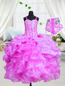 Purple Organza Lace Up Little Girl Pageant Dress Sleeveless Floor Length Beading and Ruffles