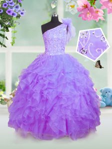 High Quality One Shoulder Lavender Sleeveless Floor Length Beading and Ruffles Lace Up Pageant Dress for Womens