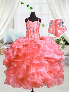 Graceful Watermelon Red Sleeveless Beading and Ruffles Floor Length Pageant Dress for Teens