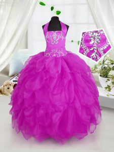 New Arrival Halter Top Sleeveless Appliques and Ruffles Lace Up Kids Pageant Dress