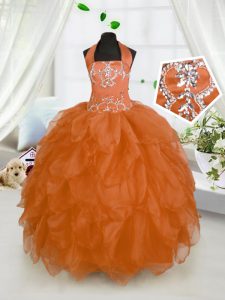 Beautiful Halter Top Sleeveless Lace Up Floor Length Beading and Ruffles Little Girls Pageant Dress