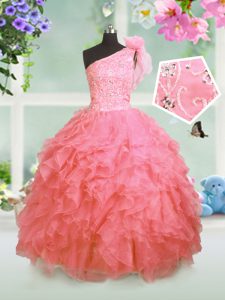 Elegant One Shoulder Floor Length Ball Gowns Sleeveless Watermelon Red Pageant Dress for Teens Lace Up